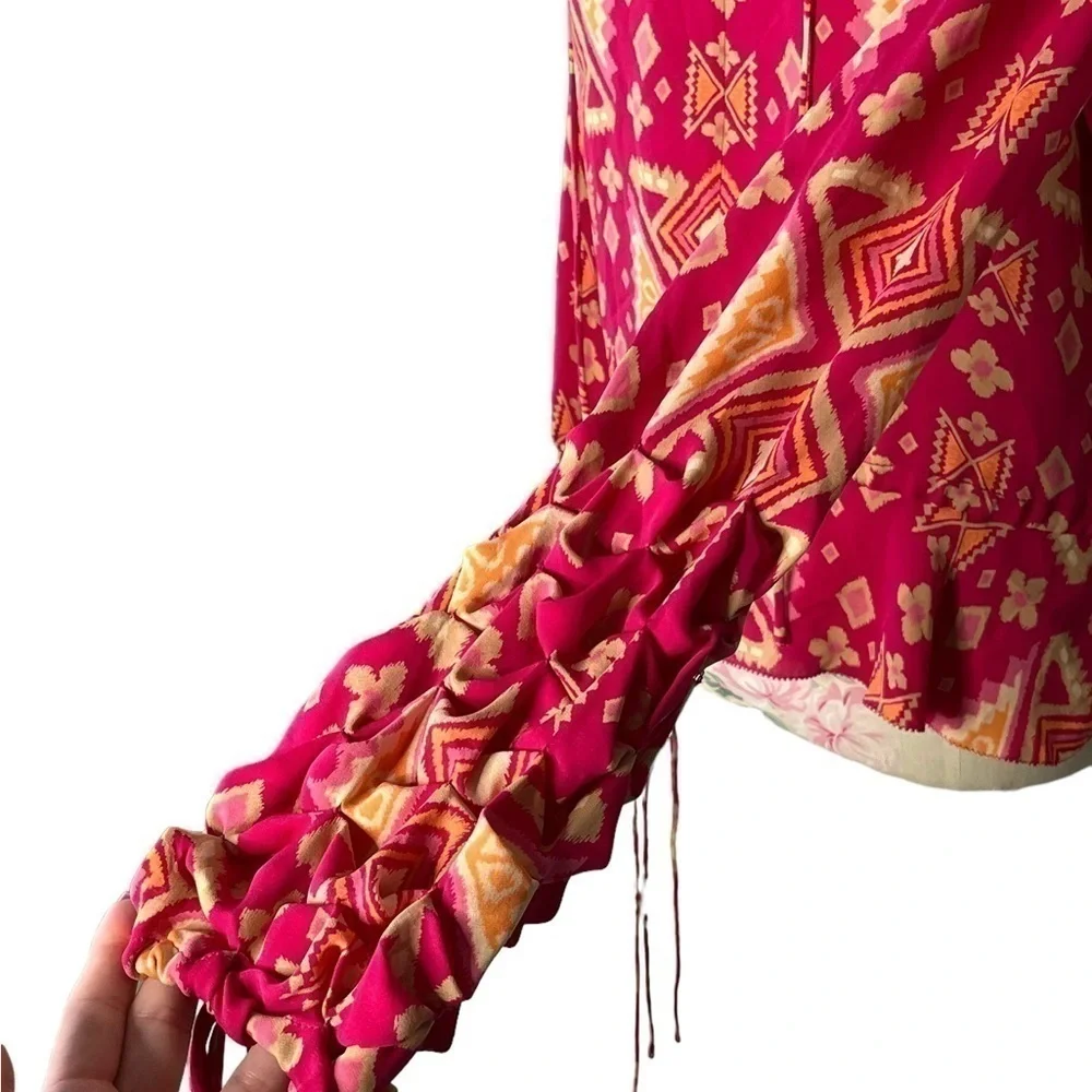 Tory Burch Geometric Silk Long Sleeve Blouse, Pink & Orange, Size 4